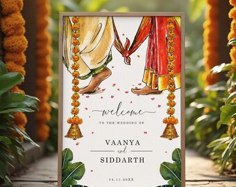PHERA Minimalistic Hindu Wedding Welcome Sign Template, Desi Watercolor South Indian Editable Wedding Poster, Printable Telugu Wedding  Sign