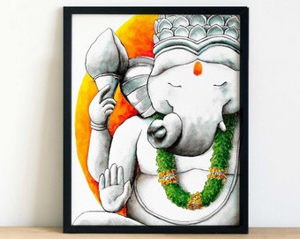 Lord Ganesha Painting, Ganesh Wall Art, Indian God Ganesh Print, India Religious Poster, Hindu Temple Art, India Home Decor Gift