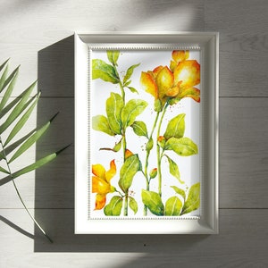 May include: A framed watercolor painting of yellow flowers with green leaves on a white background.