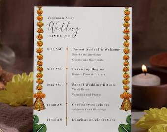 Minimalistic Indian Wedding Timeline, Hindu Wedding Itinerary, Watercolor Marigold and Banana Leaves South Indian Wedding Timeline Template