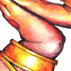 May include: A watercolor painting of two hands clasped together in a prayer position. The hands are adorned with gold bracelets and the skin is painted in shades of red, orange, and yellow.