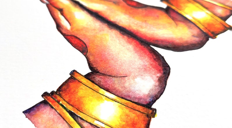 May include: A watercolor painting of two hands clasped together in a prayer position. The hands are adorned with gold bracelets and the skin is painted in shades of red, orange, and yellow.