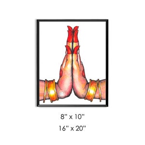 May include: A watercolor painting of two hands in a prayer position, with red fingernails and gold bracelets. The hands are against a white background.