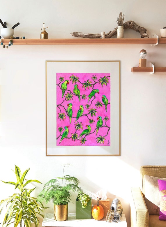 Parrots Indian Painting, Pink Wall decor, Birds watercolor painting, Art Print, Indian Giclee print, Gift Idea