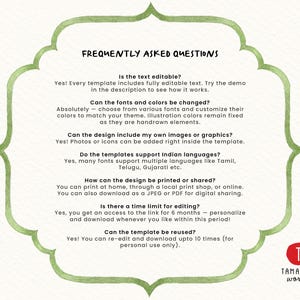 Pu&ograve; includere: Una grafica informativa bianca con un bordo ad acquerello verde contenente domande frequenti sulla personalizzazione, la stampa e l'utilizzo dei modelli. Un logo circolare rosso con una T bianca e il testo Tamarind works si trova in basso.
