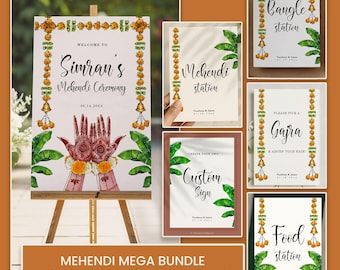 Marigold Mehndi Bundle, Mehendi Suit, Indian Mehndi Welcome Sign with Table Signs, DIY Mehndi Decor, Modern Desi Mendhi Editable Templates