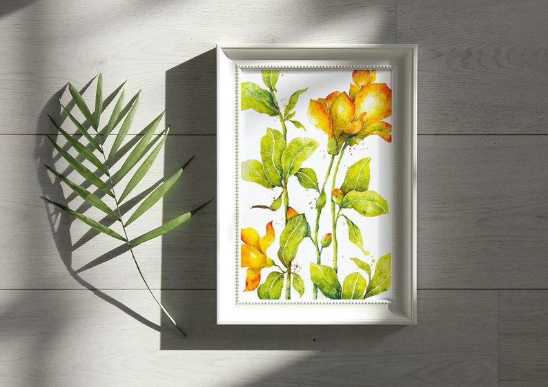 May include: A framed watercolor painting of yellow flowers with green leaves on a white background.