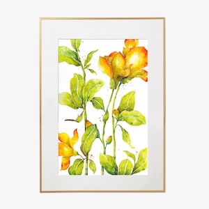 May include: Watercolor painting of yellow and orange flowers with green leaves on a white background.