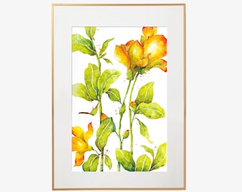 Yellow Flower Painting, Yellow Flower Art, Yellow Flower Art Print Watercolor Painting | Yellow Flowers Floral Wall Art Giclee Print Decor