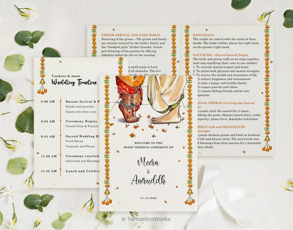 Indian Wedding Program Template, Hindu Wedding Ceremony Brochure, South Indian Tamil Telugu Ritual Timeline, Itinerary Card | VARMALA