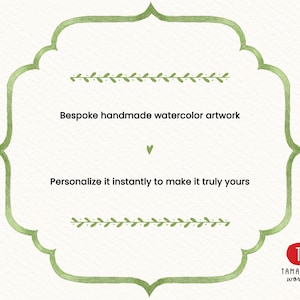 Pu&ograve; includere: Una cornice decorativa con un bordo ad acquerello verde e due motivi a foglia orizzontali. Il testo recita: Bespoke handmade watercolor artwork, una piccola icona a forma di cuore e Personalize it instantly to make it truly yours. Un logo circolare rosso riporta TAMARIND works.