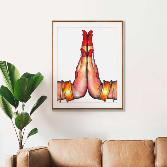 Namaste Original Watercolor Wall Art, Indian Decor, Yoga Poster, South Indian Art, Spiritual Meditation Art Print, Hindu Namaskaar Sign