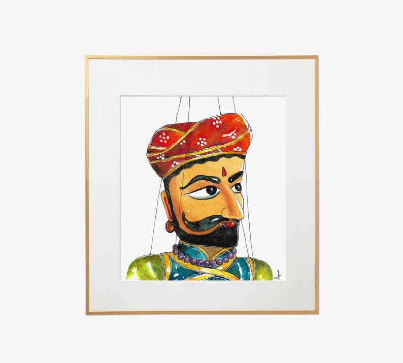 Puede incluir: Una pintura de acuarela de un t&iacute;tere con un turbante rojo, una cara amarilla, una barba negra y un traje azul y verde. El t&iacute;tere est&aacute; enmarcado en un marco dorado.
