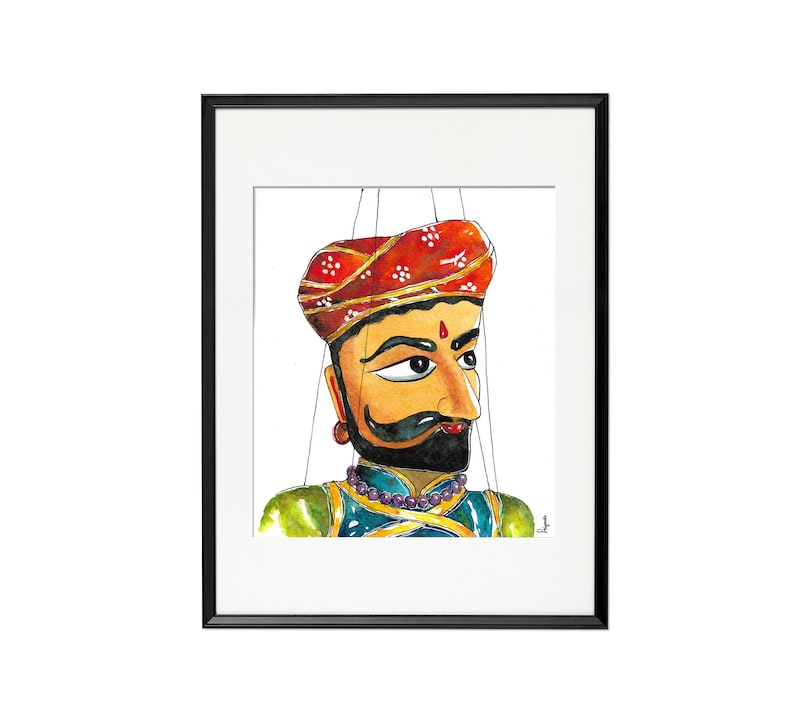 Puede incluir: Una pintura de acuarela de un t&iacute;tere con un turbante rojo y dorado, una t&uacute;nica azul y verde y una barba negra. El t&iacute;tere lleva un collar de cuentas moradas y tiene un punto rojo en la frente.