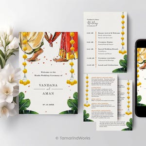 Modern Indian Wedding Schedule, Watercolor Hindu Marriage Program Card, South Indian Wedding Itinerary and Program template, Desi DIY Evite