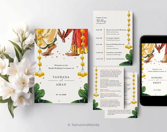 Modern Indian Wedding Schedule, Watercolor Hindu Marriage Program Card, South Indian Wedding Itinerary and Program template, Desi DIY Evite