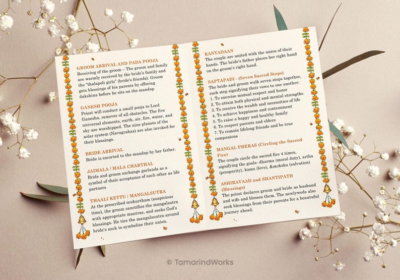 Pu&ograve; includere: Un cartoncino pieghevole bianco per il programma del matrimonio con testo stampato che descrive le fasi della cerimonia ind&ugrave; come l'arrivo dello sposo, Ganesh Pooja e Saptapadi. Il cartoncino &egrave; decorato con bordi verticali di ghirlande di calendule.
