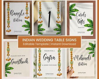 Set of 6 Indian Wedding Table Signs, Hindu Marriage Signage Bundle Editable Templates, Custom Signs for Desi Decor, Haldi Mehndi Posters