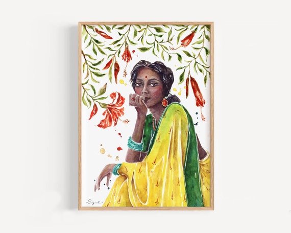 サリーを着たインド人女性のウォールアート、エキゾチックな褐色肌の南 サリーを着たインド人女性のウォールアート、エキゾチックな褐色肌の南