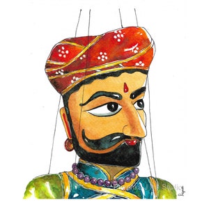 Puede incluir: Una pintura de acuarela de un t&iacute;tere tradicional indio con un turbante rojo, una cara amarilla y una barba negra. El t&iacute;tere lleva un atuendo verde y azul con un collar morado. El t&iacute;tere est&aacute; siendo controlado por cuerdas.