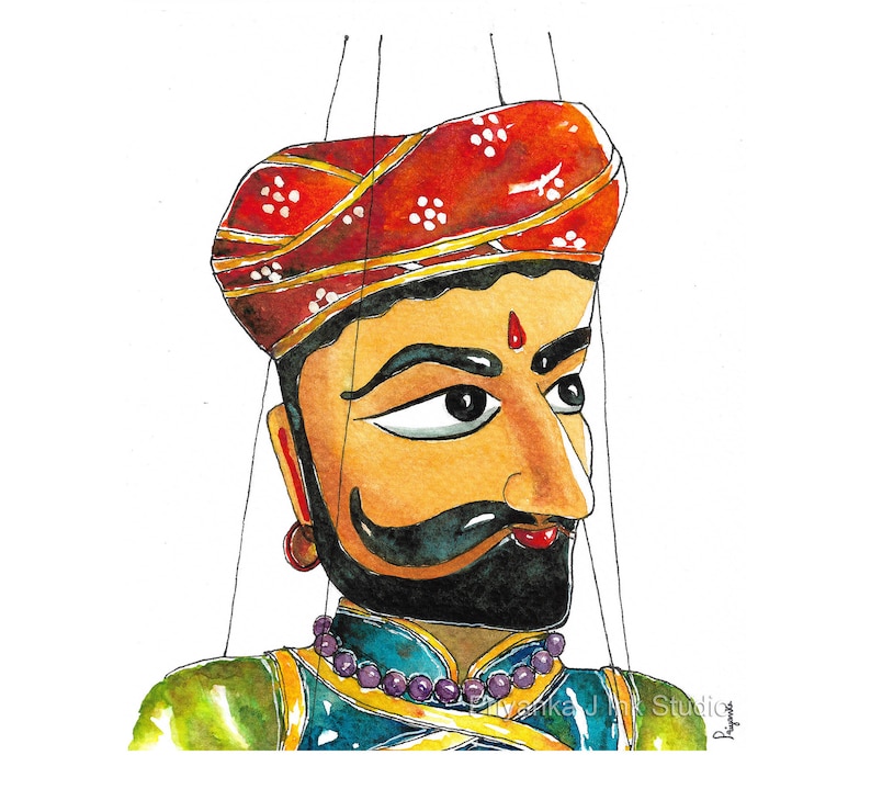 Puede incluir: Una pintura de acuarela de un t&iacute;tere tradicional indio con un turbante rojo, una cara amarilla y una barba negra. El t&iacute;tere lleva un atuendo verde y azul con un collar morado. El t&iacute;tere est&aacute; siendo controlado por cuerdas.