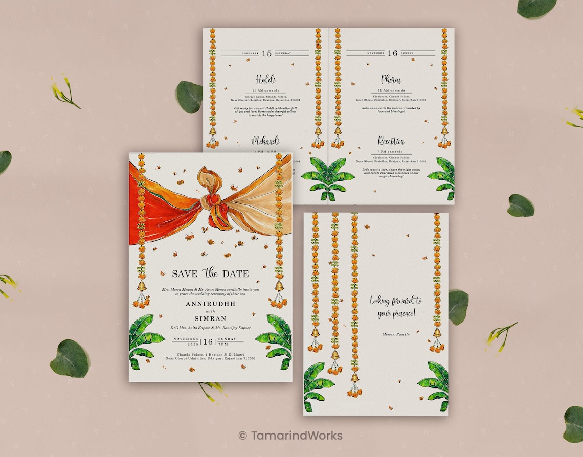 Multi Page Invitations Hand Painted Indian Wedding Invitation With Ceremonies, Multiple Page ...