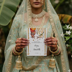 Pu&ograve; includere: Un invito di nozze rettangolare con un'illustrazione di piedi con henn&eacute; e abiti tradizionali, con il testo Welcome to the Hindu wedding ceremony of Meera & Aniruddh. La carta &egrave; tenuta da mani decorate con intricati motivi all'henn&eacute;.