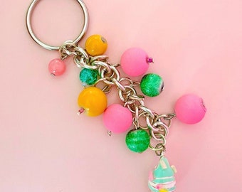 Beaded Dangle Keychain with Pink, Yellow and Green Beads and a Cupcake Dessert Charm | Purse, Bag or Key Accessory