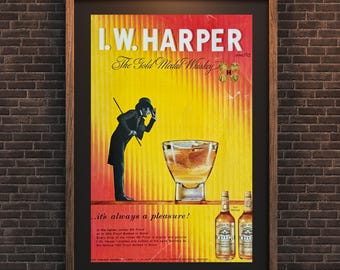 Vintage I.W. Harper Bourbon och Winston cigaretter från 1950-talet, originalannonser i tidskriften