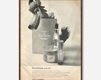 May include: A black and white vintage advertisement for Tweed by Lenthéric perfume. The ad features a cartoon wolf holding a bottle of perfume and a box with the text "Scent & The Single Girl". The text "Tweed turns you on!" is also featured in the ad.