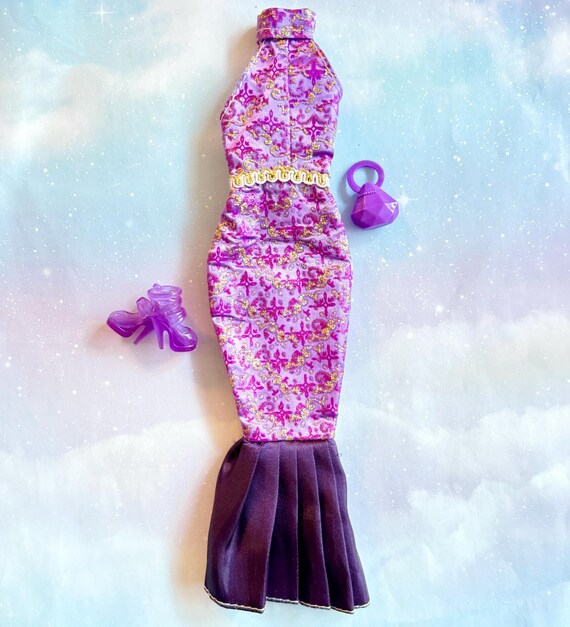 Barbie Doll Sparkly Purple and Gold Mermaid Dress