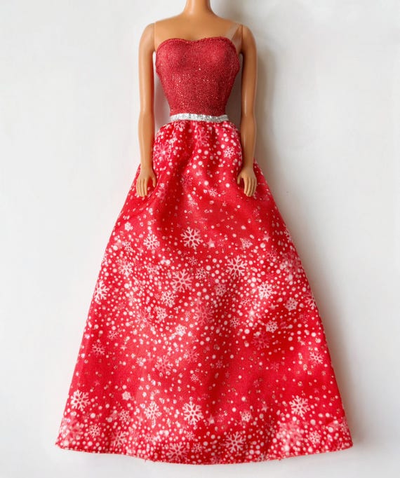 2014 Barbie Holiday Wishes Red & Silver Sparkly Snowflake Ball Gown Dress