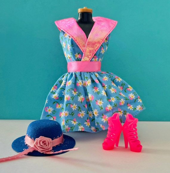 Barbie Doll Genuine Tagged Fit and Flare Blue Floral Dress with Pink Metallic Collar