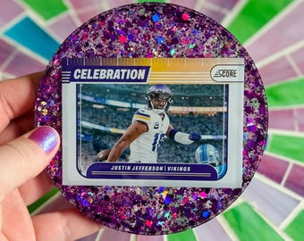 Justin Jefferson (Minnesota Vikings) sprankelende voetbalpanini-kaartonderzetter - *Viering*
