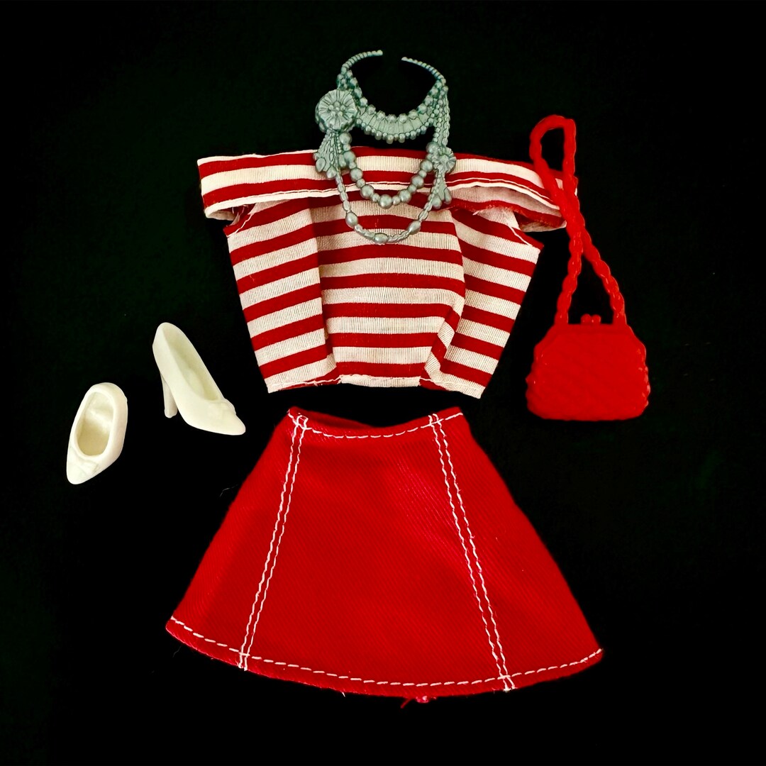 Cute Barbie Doll Outfit/clothes Red Genuine Skirt, Striped Top, Purse