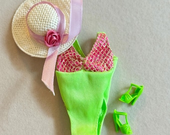 1996 Barbie Doll Genuine Tagged Neon Pink and Green One-Piece Splash n Color Fashions Swimsuit