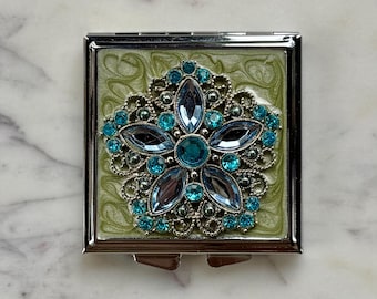 Sage Green Ornate Jeweled Double-Sided Compact Mirror