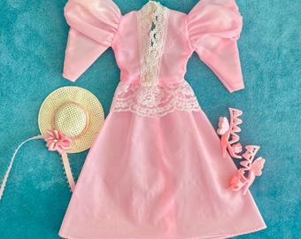 Barbie Doll Light Pink Victorian Dress with Puffy Shoulders, Butterfly Heels and Sunhat