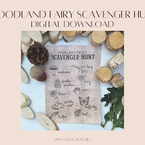 May include: A printable woodland fairy scavenger hunt checklist with illustrations of a mushroom, twig, sparkly pinecone, fairy, acorn, flower, sparkly rock, butterfly, feather, and leaf. The checklist has checkboxes next to each item.