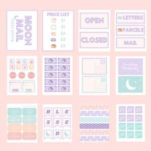 Puede incluir: Un conjunto de papeles digitales imprimibles y pegatinas con un tema de luna y estrellas. Los papeles presentan diferentes patrones y colores, incluyendo morado, rosa y azul. Las pegatinas incluyen una variedad de dise&ntilde;os, como lunas, estrellas y sobres. El texto "Moon Mail Post Office" est&aacute; incluido en uno de los papeles.