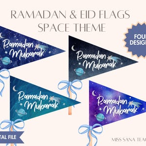 May include: Four printable pennant flags with a space theme. Each flag features a blue, purple, or teal galaxy background with stars, a crescent moon, and a planet. The text "Ramadan Mubarak" is written in white on each flag.