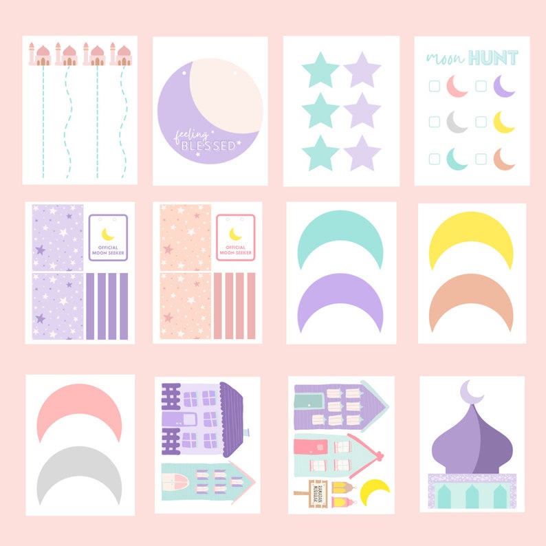 Puede incluir: Un conjunto de hojas de actividades imprimibles para el Ramad&aacute;n con un juego de b&uacute;squeda de la luna, certificados de buscador de la luna y una forma de luna creciente para recortar. Las hojas est&aacute;n decoradas con estrellas, lunas crecientes y casas con minaretes.