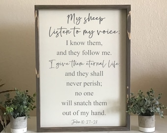 John 10: 27-28 Bibel Vers gerahmtes Holzschild, Schrift Holzschild, 18 &quot;x 24&quot; gerahmtes Holzschild Meine Schafe hören auf meine Stimme;