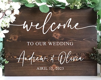 Rustic Wood Wedding Welcome Sign: Personalized Dark Walnut Stain