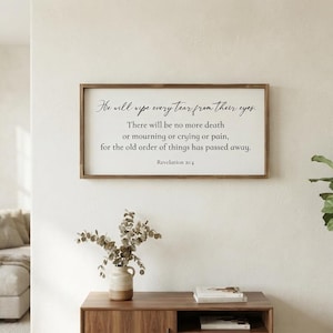 Revelation 21:4 Bible Verse Wood Sign, Hand-Painted Scripture Wall Art (36"x18")
