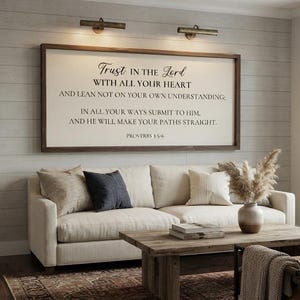 Proverbs 3:5-6 Scripture Wood Sign, Hand-Painted Cream Gray Framed Wall Art (36x18)