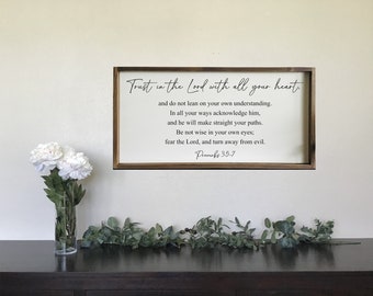 Proverbs 3:5-7 Bible Verse Large Wooden Sign,Scripture Wood Sign, 36x18 Framed Wood sign,Trust in the Lord with all your heart,
