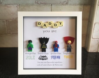 Daddy Fathers Day Superhero Gift, Personalised Frame, Including Lego Figures, Birthday, Christmas, Hulk, Batman, Spiderman, Unusual