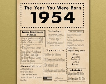 1954 PRINTABLE Birthday Poster | Back in 1954 | Birthday Gift | Digital Poster   | The Year You Were Born (Download only)
