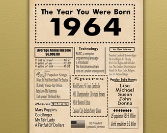 1964 PRINTABLE Birthday Poster | Back in 1964 | Birthday Gift | Digital Poster   | The Year You Were Born (Download only)